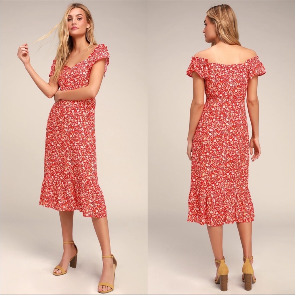 Lulus Mariana Red Floral Midi Dress Nwt